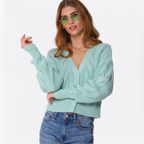 RAG & BONE Oversized Fit TAYLOR CABLE Cashmere Cotton Knit Button Sweater MINT - Picture 2 of 11